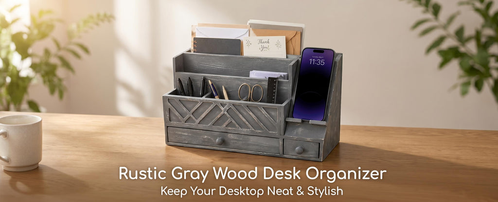 Wooden Desktop Mail Organizer with Drawers and Phone Holder