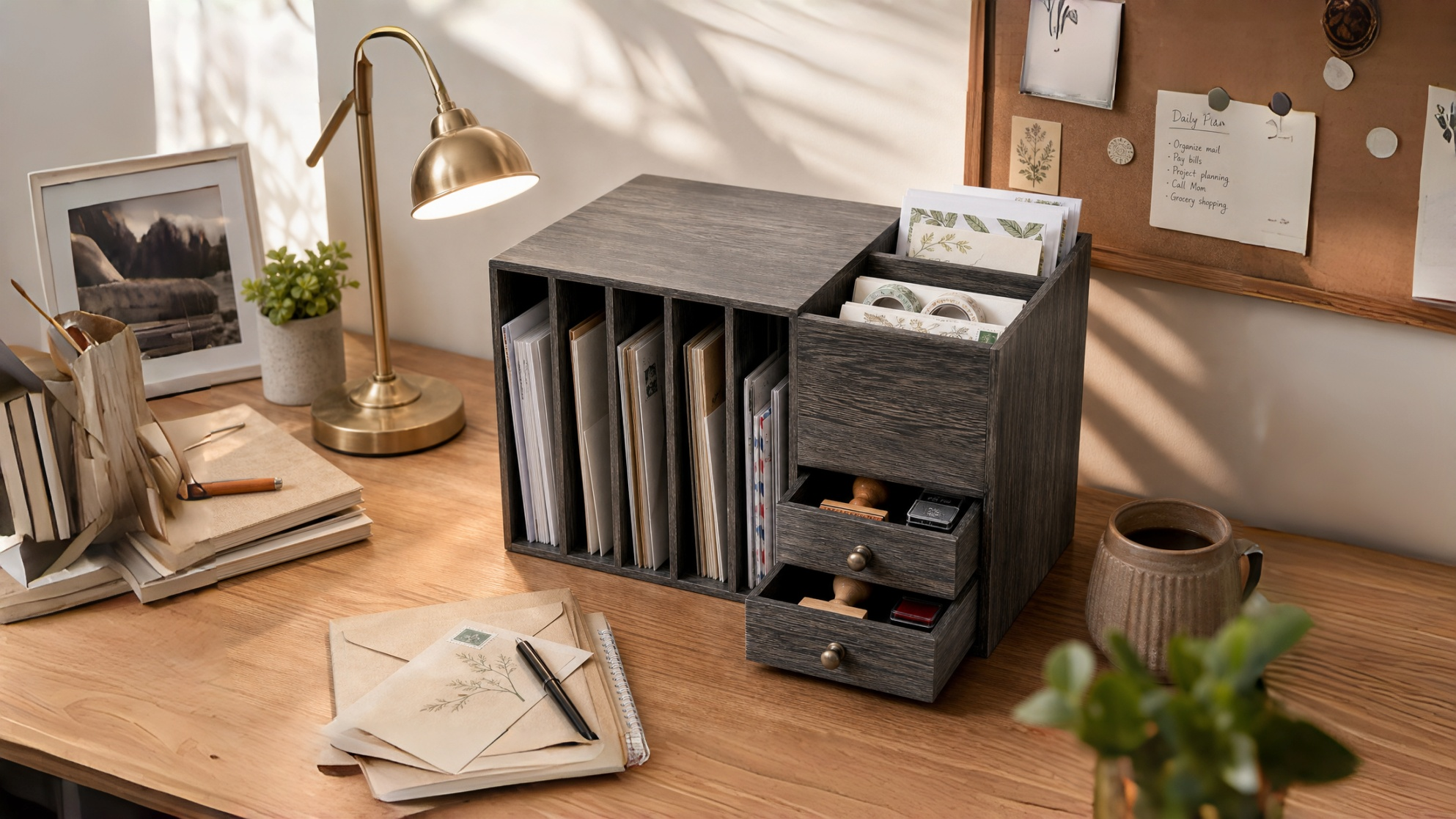 Wooden Desktop Mail Sorter, Mail Organizer