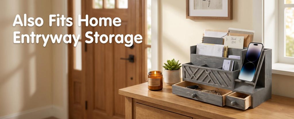 Wooden Desktop Mail Organizer with Drawers and Phone Holder