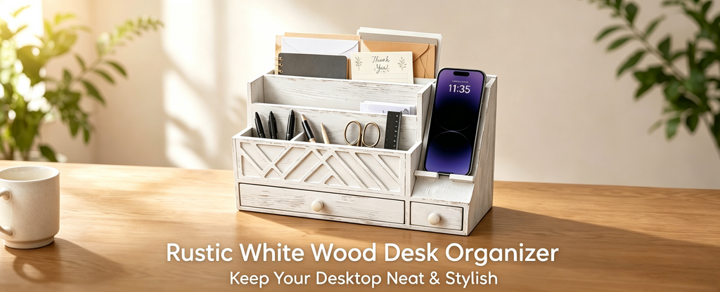 Wooden Desktop Mail Organizer with Drawers and Phone Holder