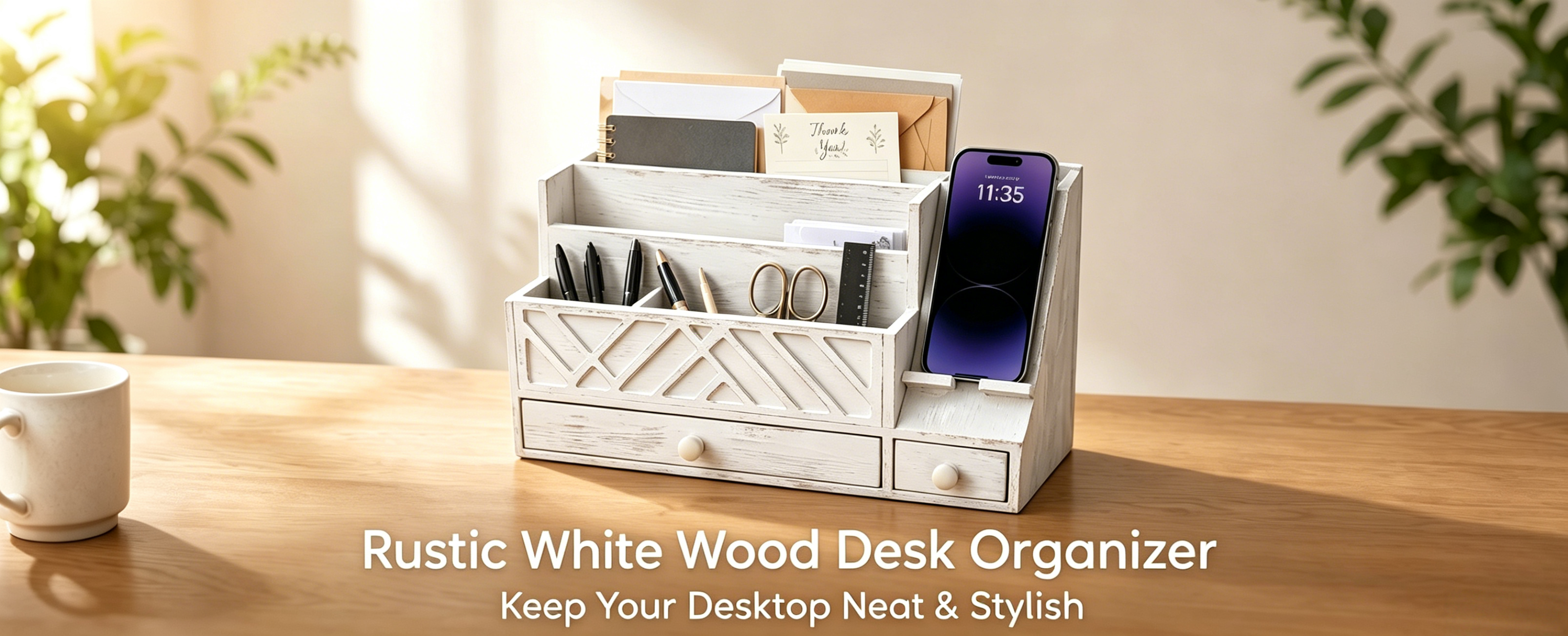 Wooden Desktop Mail Organizer with Drawers and Phone Holder