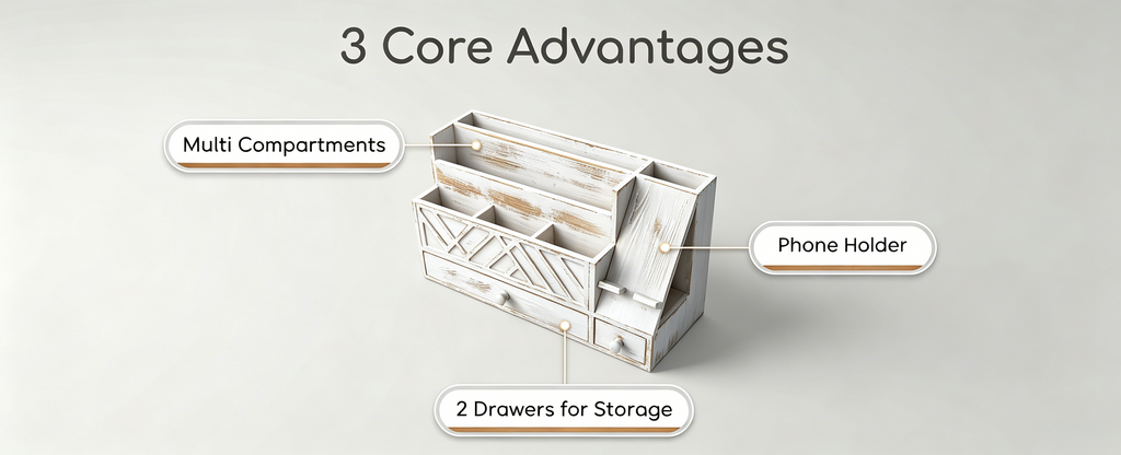 Wooden Desktop Mail Organizer with Drawers and Phone Holder