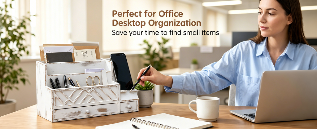 Wooden Desktop Mail Organizer with Drawers and Phone Holder