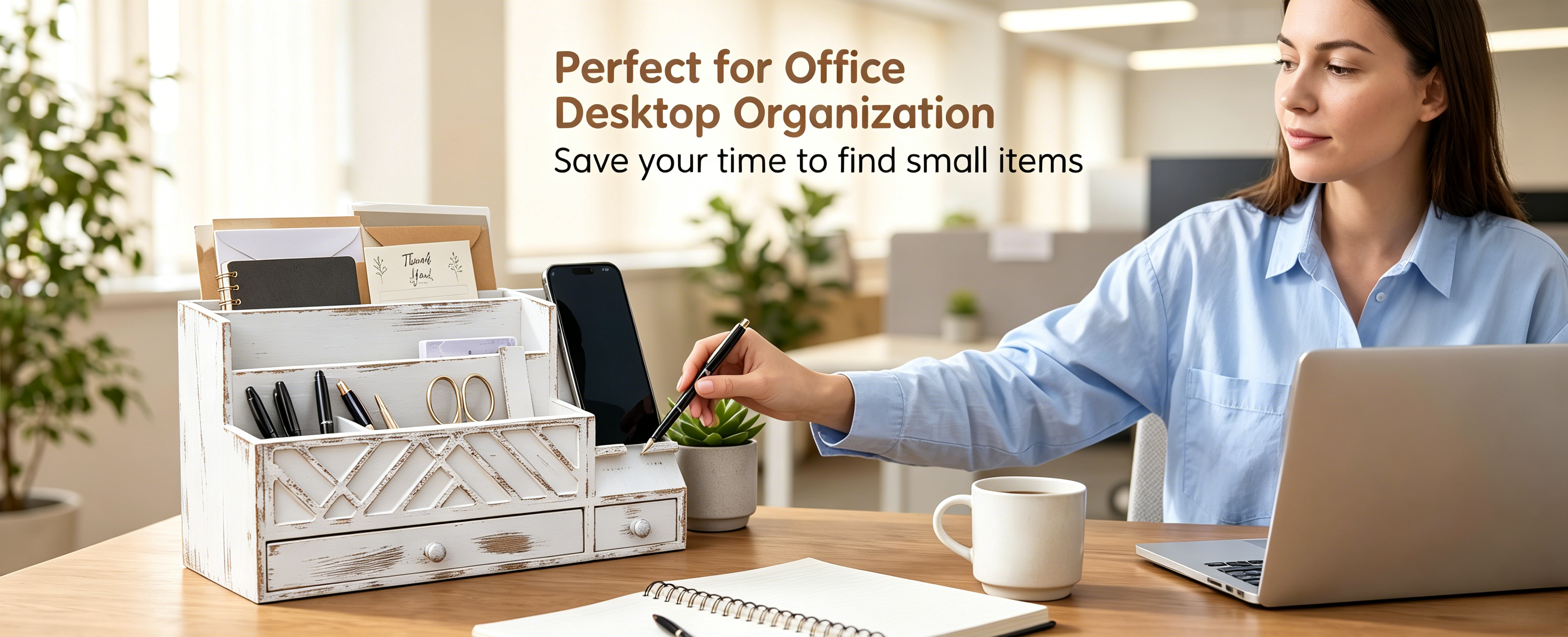 Wooden Desktop Mail Organizer with Drawers and Phone Holder