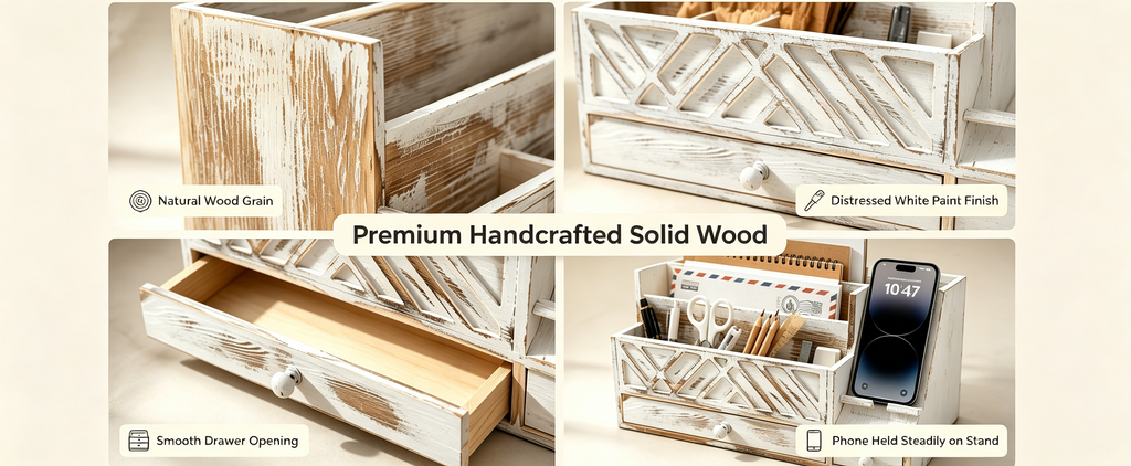 Wooden Desktop Mail Organizer with Drawers and Phone Holder