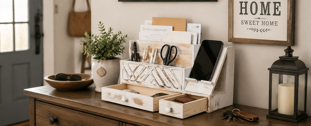 Wooden Desktop Mail Organizer with Drawers and Phone Holder
