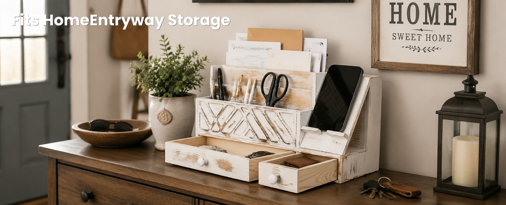 Wooden Desktop Mail Organizer with Drawers and Phone Holder