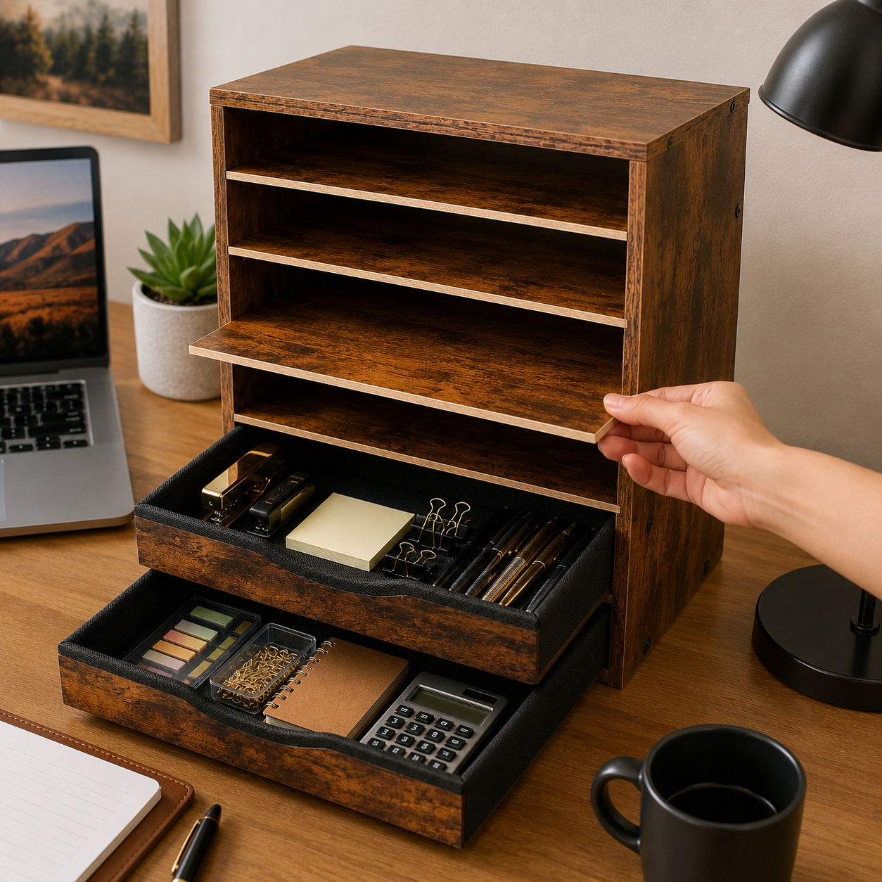 Wooden Desk Storage Organizer with Drawers, 6 Tier Adjustable Mail Sorter & Organizer, Paper & File Storage Organizer, Craft Organizer, Desktop Accessories for Home & Home Office