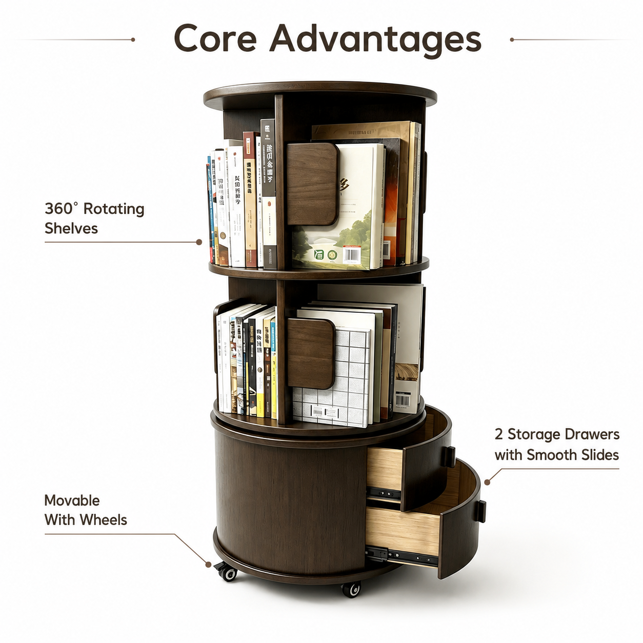 360 Rotating Bookshelf with Drawers, Rubber Wood Bookcase with Wheels