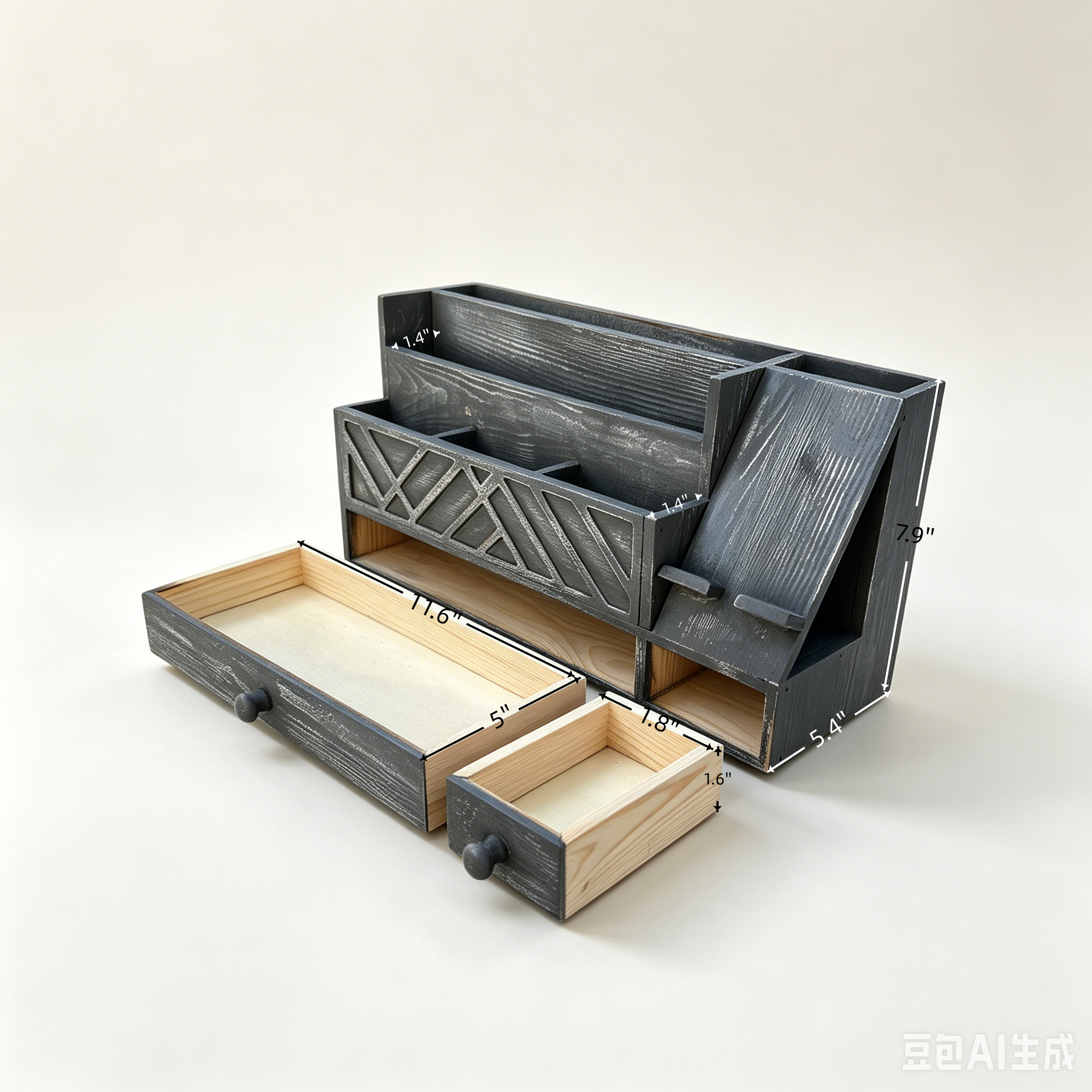 Wooden Desktop Mail Organizer with Drawers and Phone Holder
