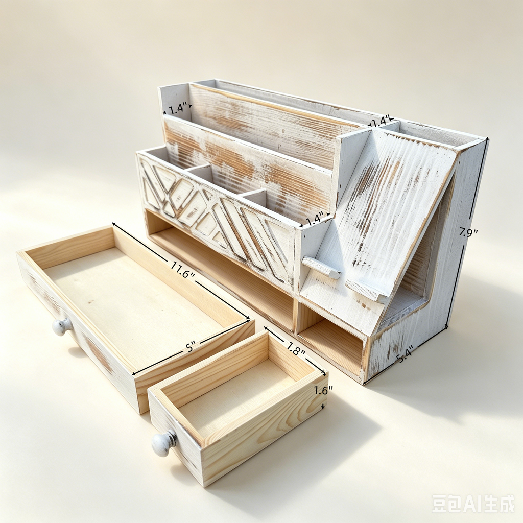 Wooden Desktop Mail Organizer with Drawers and Phone Holder