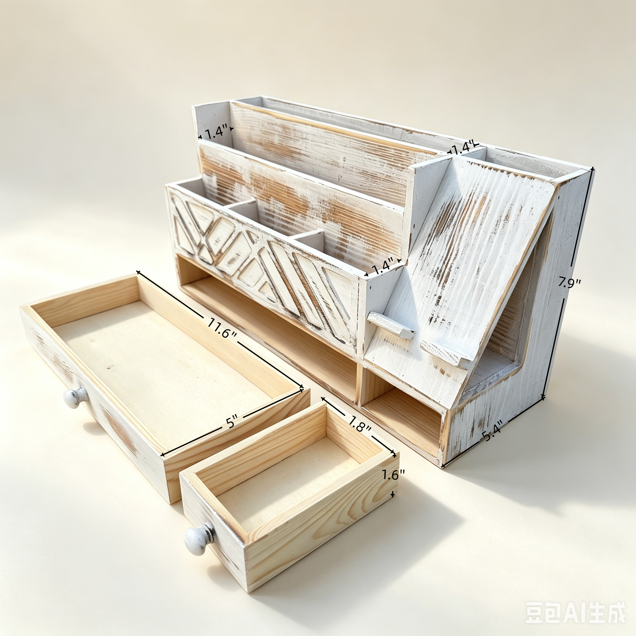Wooden Desktop Mail Organizer with Drawers and Phone Holder