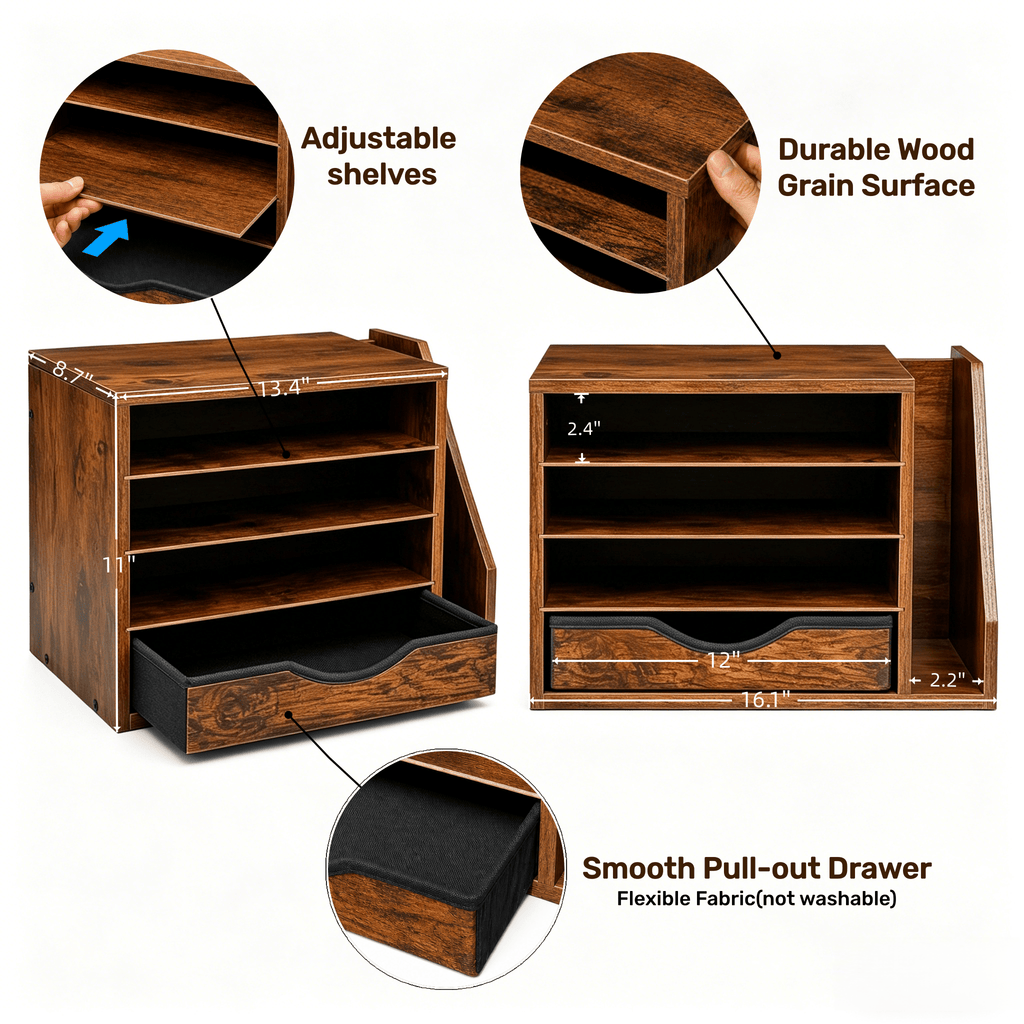 Wooden Desk Organizer with Drawers, 4 Tier Office Organizer and Accessories, Paper File Mail Organizer, Brown