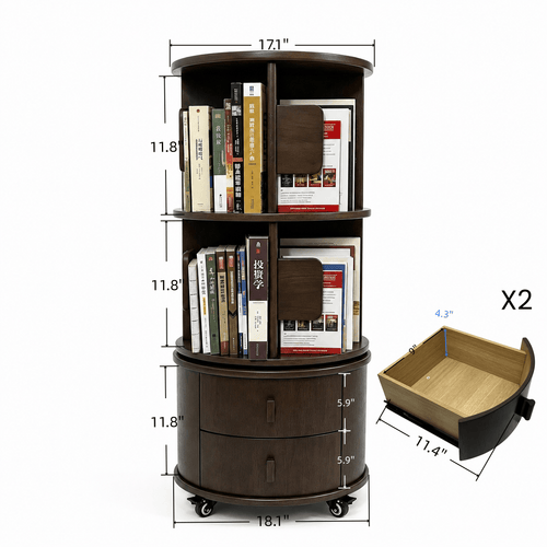 360 Rotating Bookshelf with Drawers, Rubber Wood Bookcase with Wheels