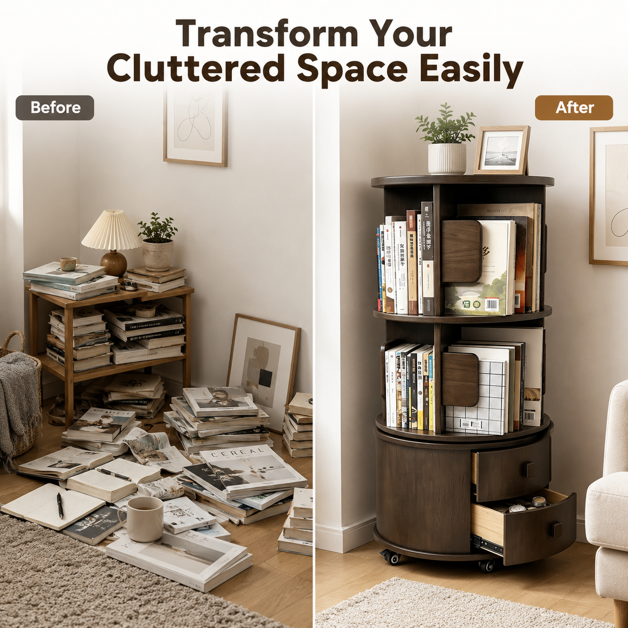 360 Rotating Bookshelf with Drawers, Rubber Wood Bookcase with Wheels