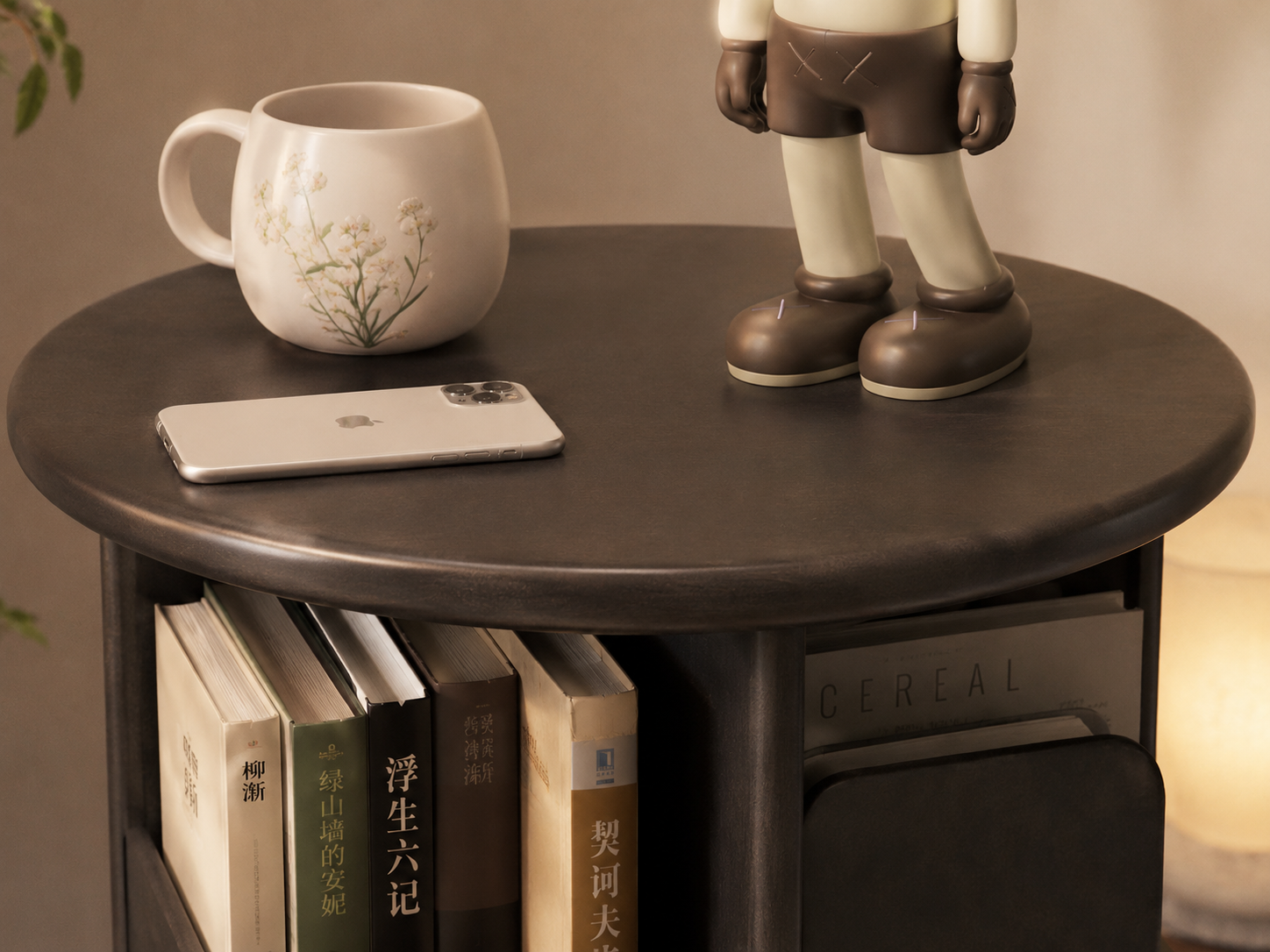 360 Rotating Bookshelf with Drawers, Rubber Wood Bookcase with Wheels