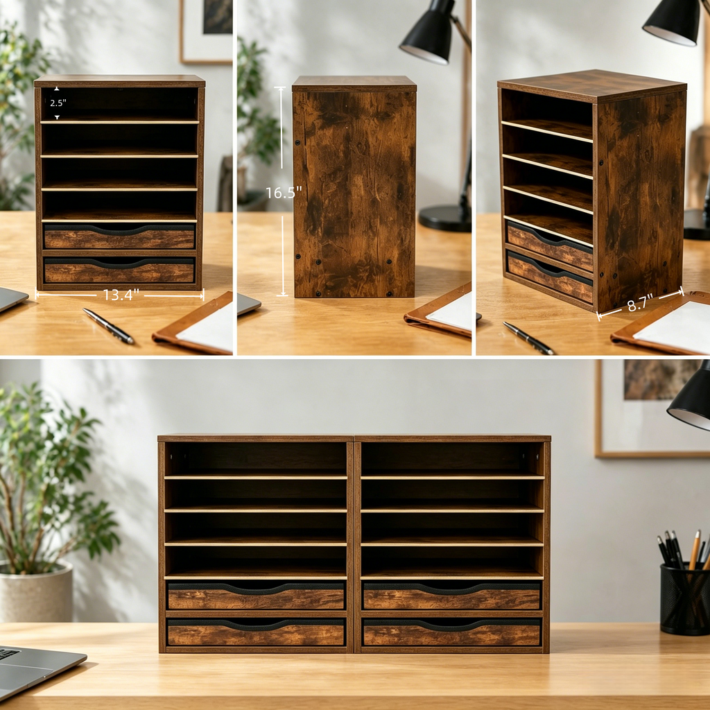Wooden Desk Storage Organizer with Drawers, 6 Tier Adjustable Mail Sorter & Organizer, Paper & File Storage Organizer, Craft Organizer, Desktop Accessories for Home & Home Office