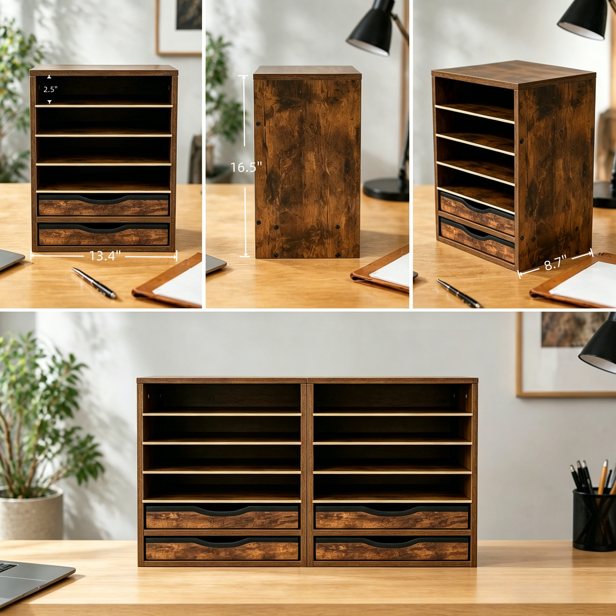 Wooden Desk Storage Organizer with Drawers, 6 Tier Adjustable Mail Sorter & Organizer, Paper & File Storage Organizer, Craft Organizer, Desktop Accessories for Home & Home Office