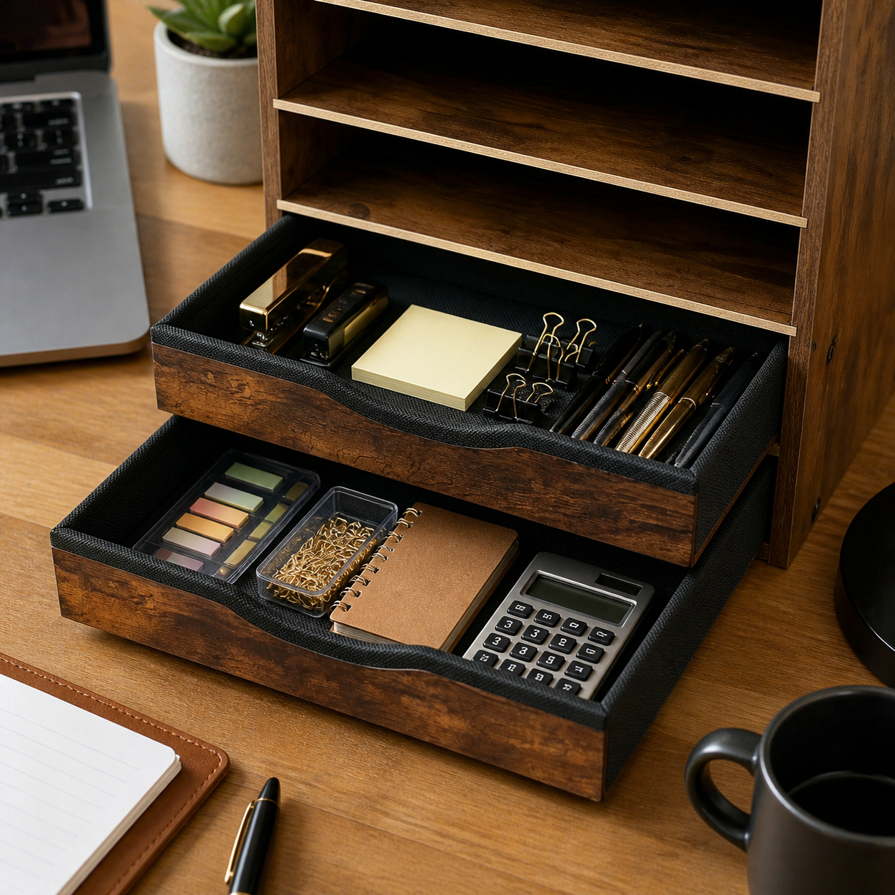 Wooden Desk Storage Organizer with Drawers, 6 Tier Adjustable Mail Sorter & Organizer, Paper & File Storage Organizer, Craft Organizer, Desktop Accessories for Home & Home Office