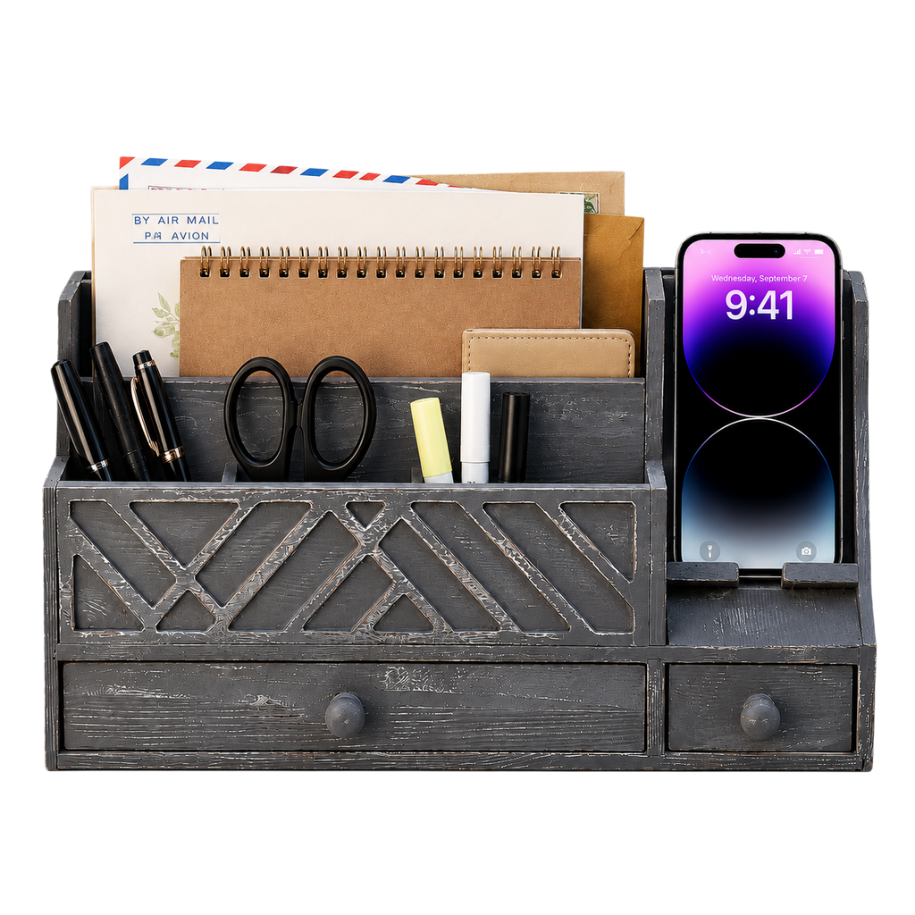 Wooden Desktop Mail Organizer with Drawers and Phone Holder