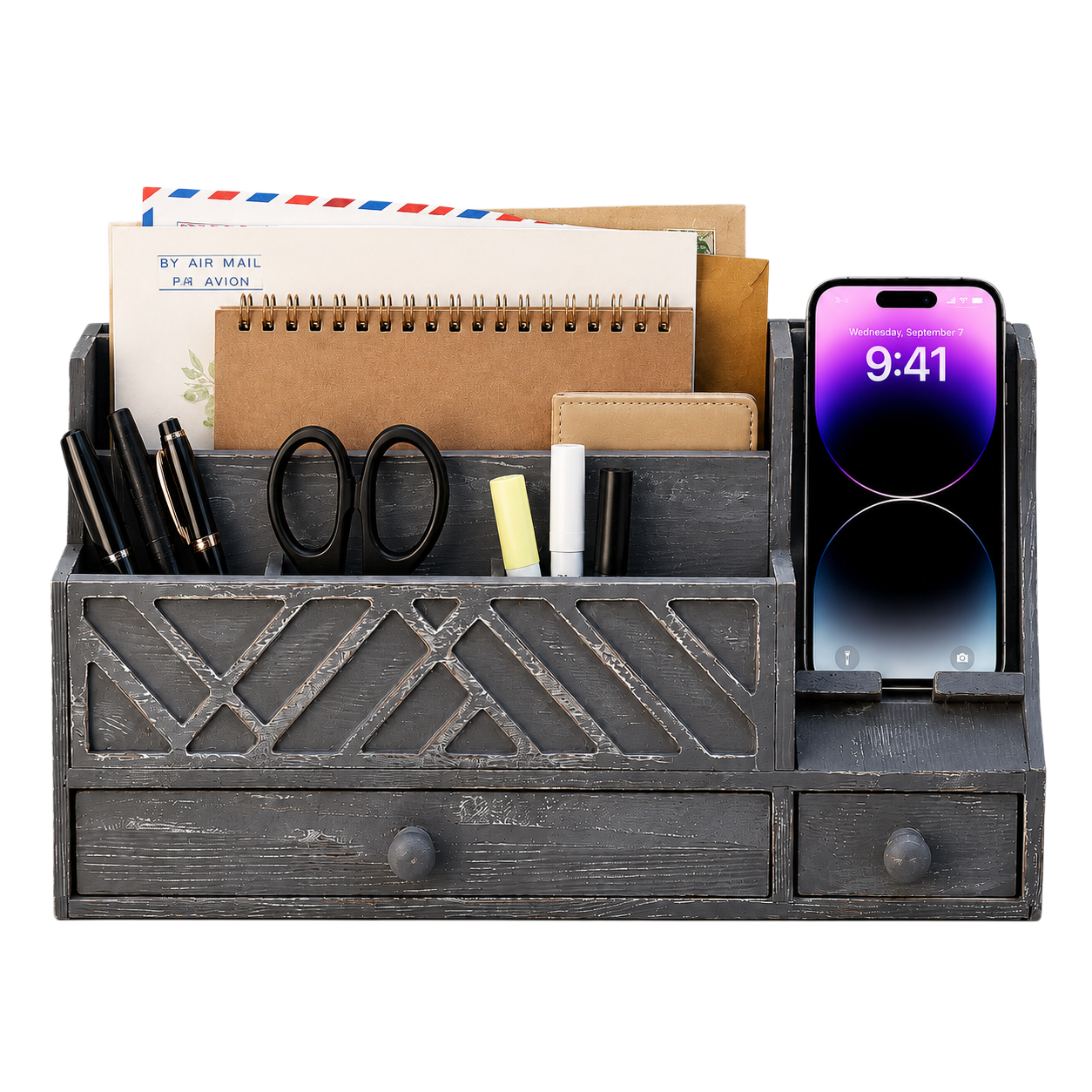 Wooden Desktop Mail Organizer with Drawers and Phone Holder