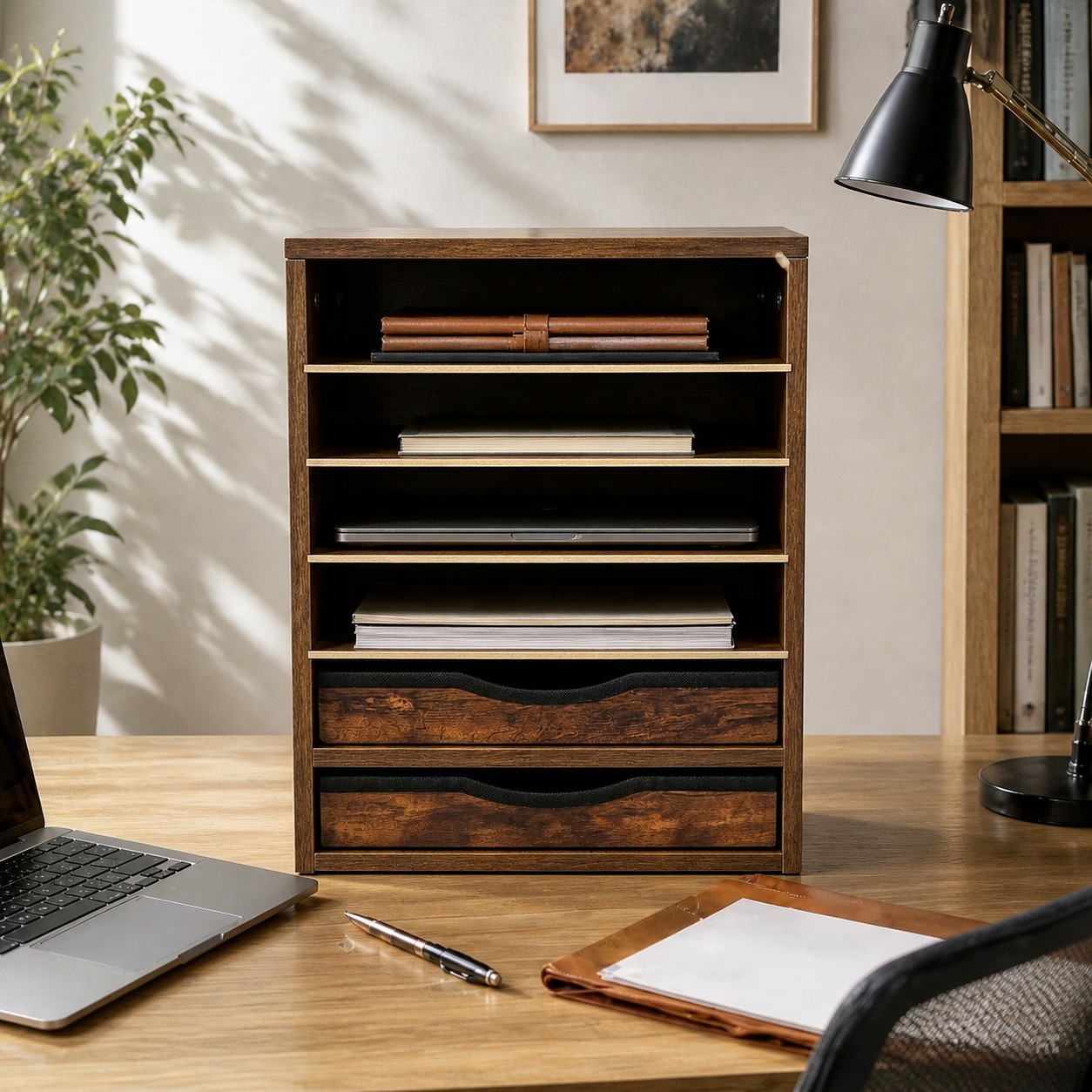 Wooden Desk Storage Organizer with Drawers, 6 Tier Adjustable Mail Sorter & Organizer, Paper & File Storage Organizer, Craft Organizer, Desktop Accessories for Home & Home Office
