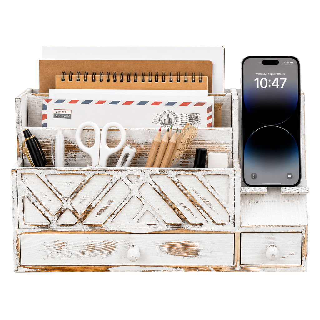 Wooden Desktop Mail Organizer with Drawers and Phone Holder