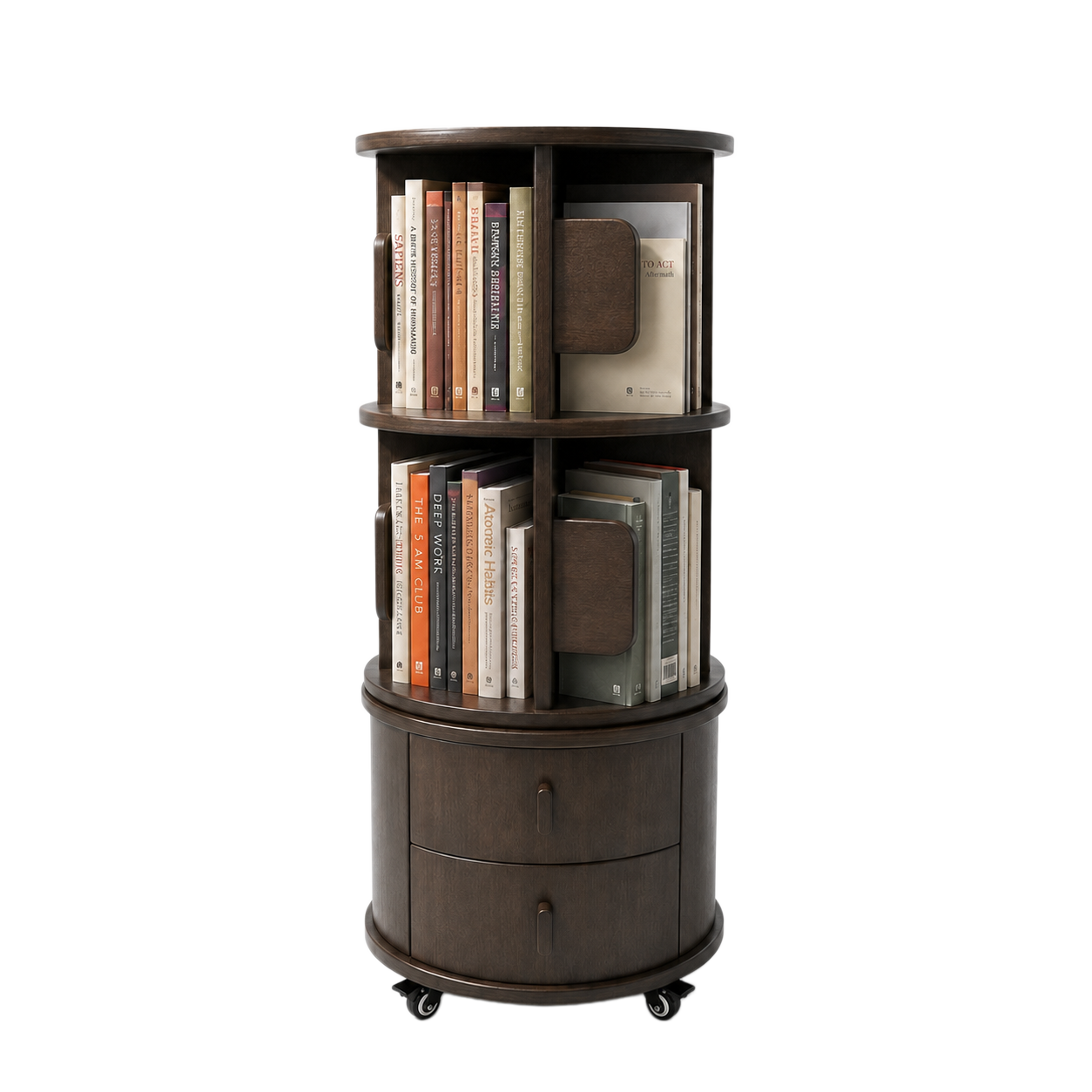360 Rotating Bookshelf with Drawers, Rubber Wood Bookcase with Wheels