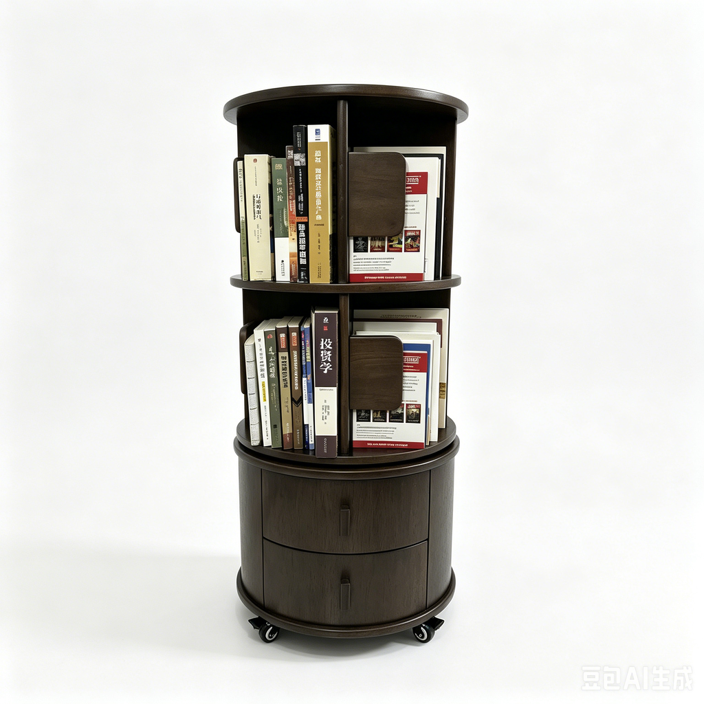 360 Rotating Bookshelf with Drawers, Rubber Wood Bookcase with Wheels