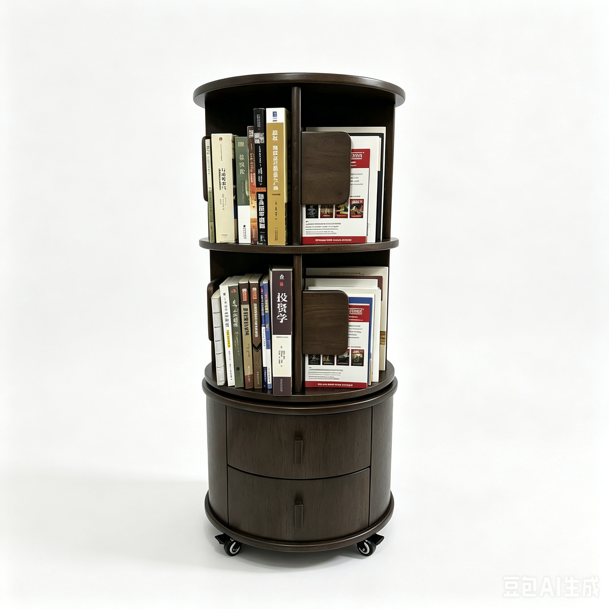 360 Rotating Bookshelf with Drawers, Rubber Wood Bookcase with Wheels