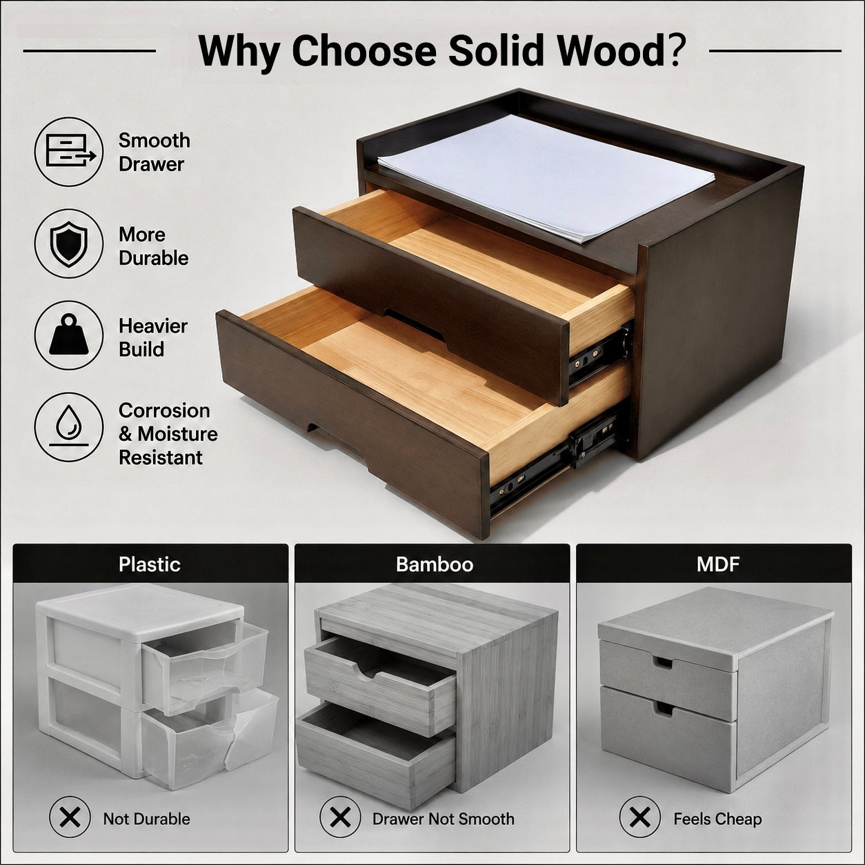 Solid Wood Desk Organizer with Smooth Slides