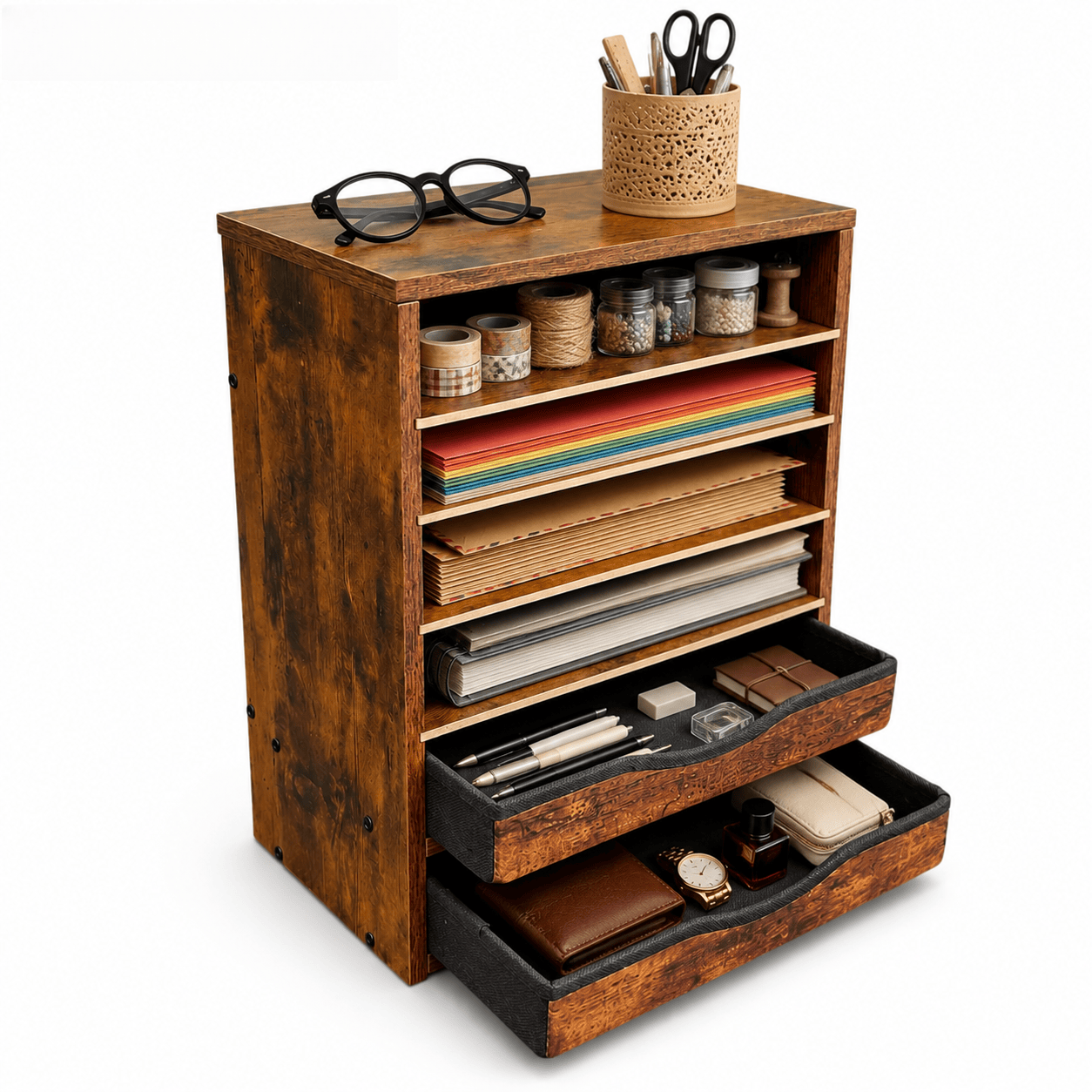 Wooden Desk Storage Organizer with Drawers, 6 Tier Adjustable Mail Sorter & Organizer, Paper & File Storage Organizer, Craft Organizer, Desktop Accessories for Home & Home Office