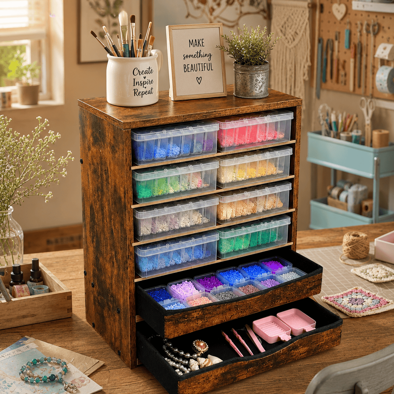Wooden Desk Storage Organizer with Drawers, 6 Tier Adjustable Mail Sorter & Organizer, Paper & File Storage Organizer, Craft Organizer, Desktop Accessories for Home & Home Office