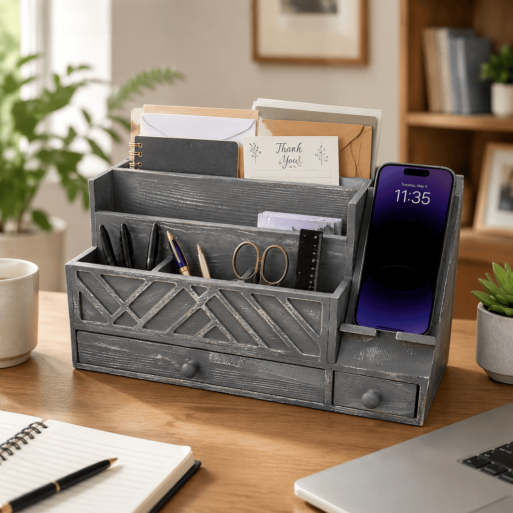 Wooden Desktop Mail Organizer with Drawers and Phone Holder