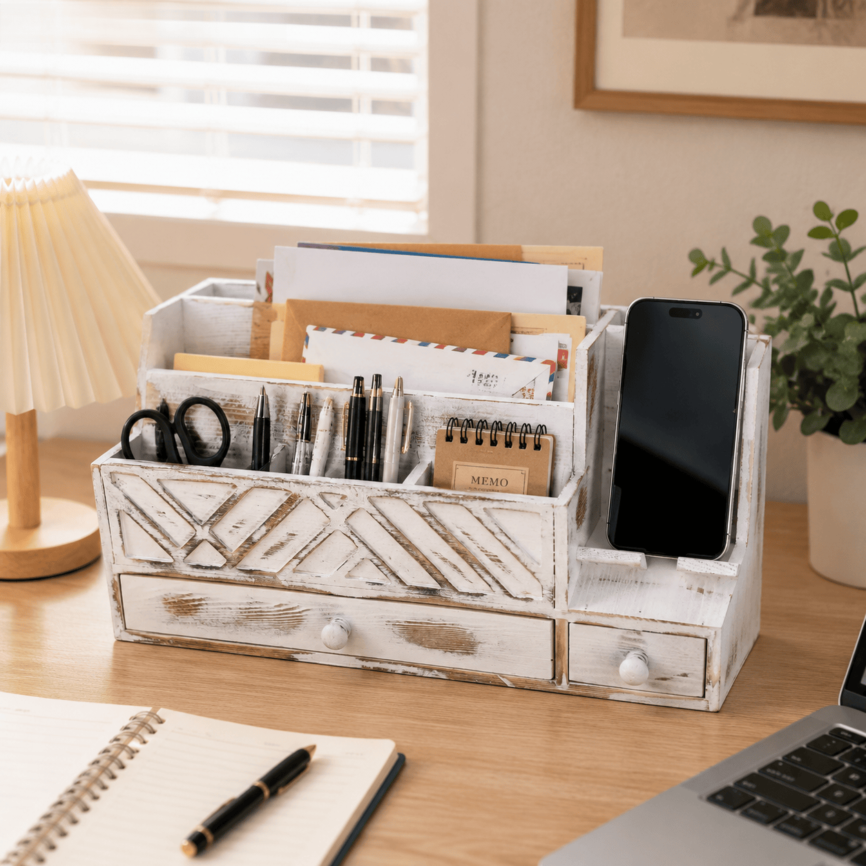 Wooden Desktop Mail Organizer with Drawers and Phone Holder