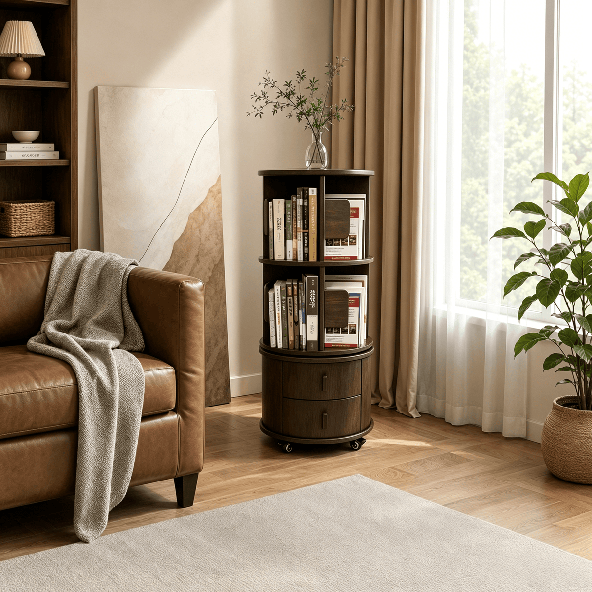 360 Rotating Bookshelf with Drawers, Rubber Wood Bookcase with Wheels