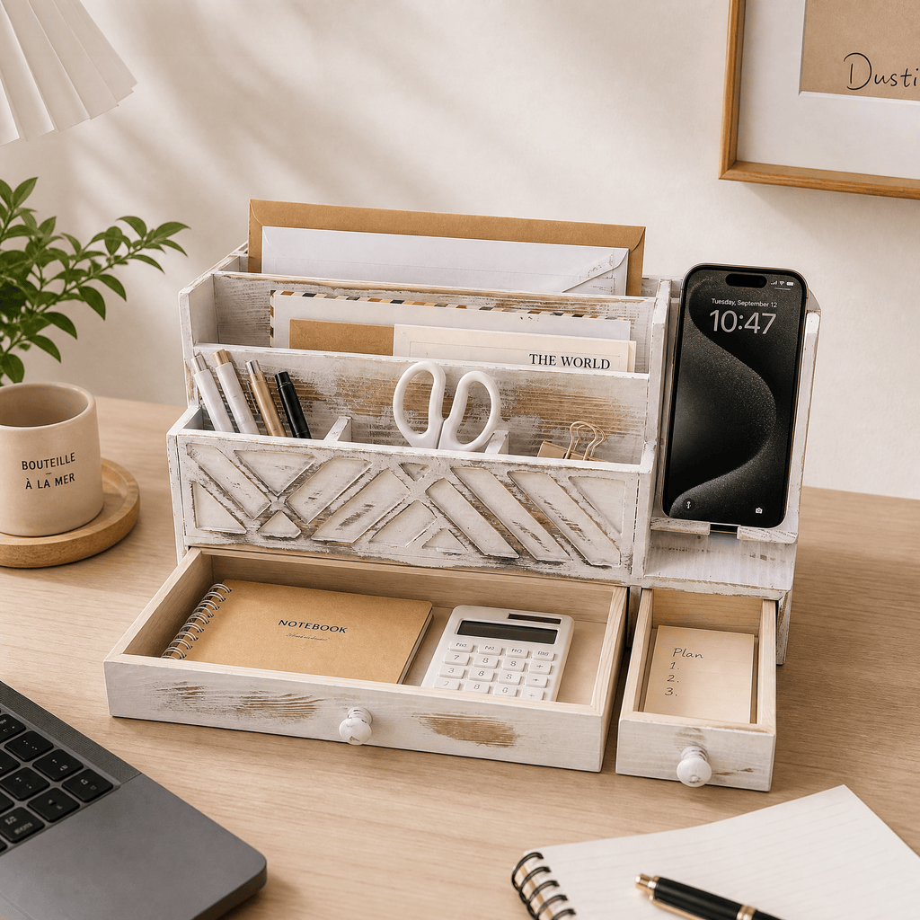 Wooden Desktop Mail Organizer with Drawers and Phone Holder