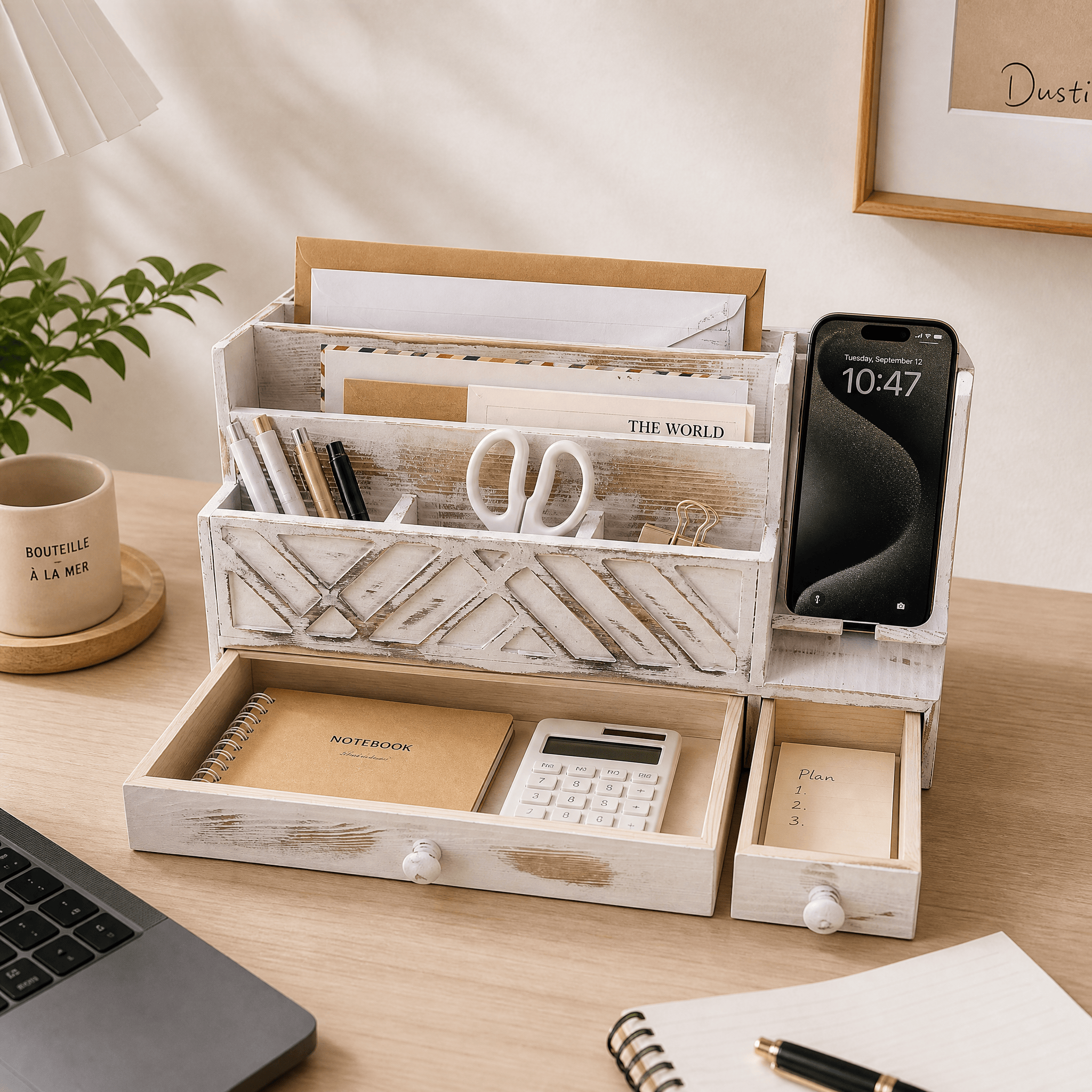 Wooden Desktop Mail Organizer with Drawers and Phone Holder