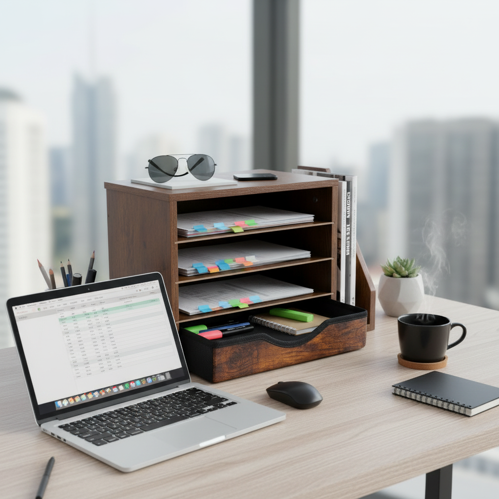 Wooden Desk Organizer with Drawers, 4 Tier Office Organizer and Accessories, Paper File Mail Organizer, Brown