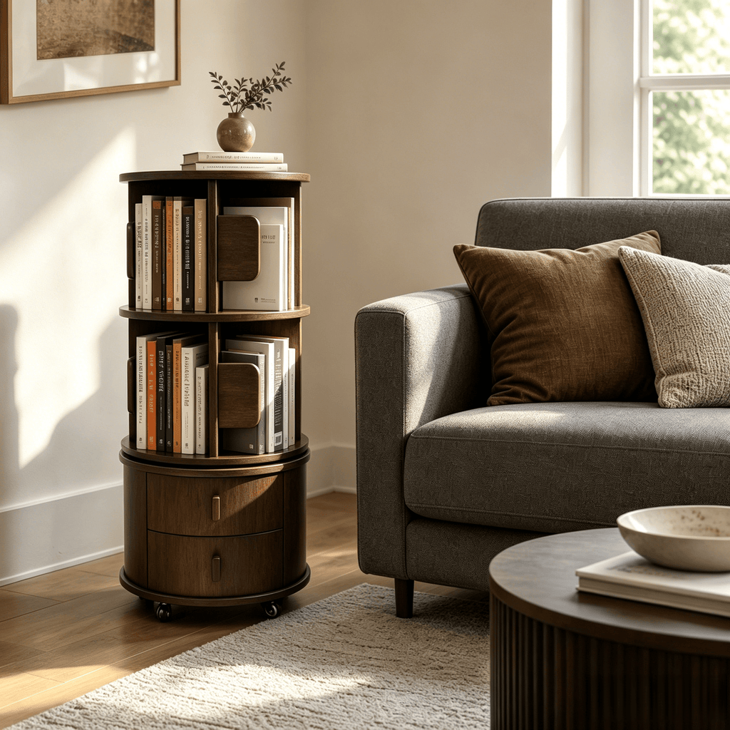 360 Rotating Bookshelf with Drawers, Rubber Wood Bookcase with Wheels