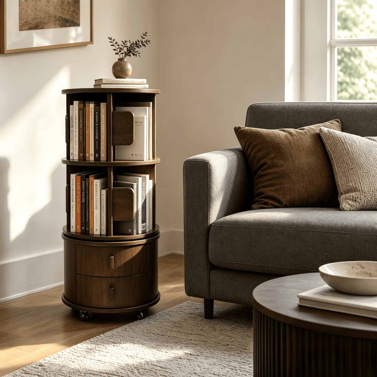 360 Rotating Bookshelf with Drawers, Rubber Wood Bookcase with Wheels