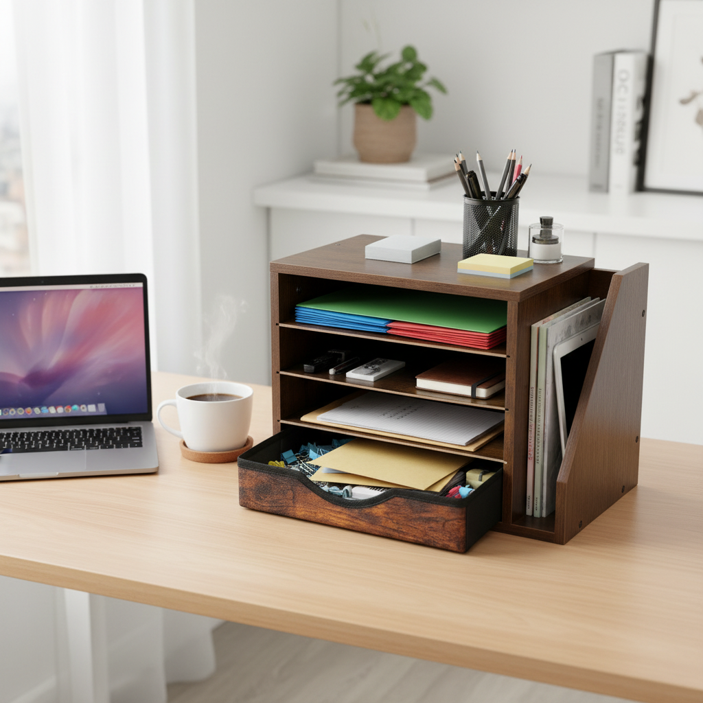Wooden Desk Organizer with Drawers, 4 Tier Office Organizer and Accessories, Paper File Mail Organizer, Brown