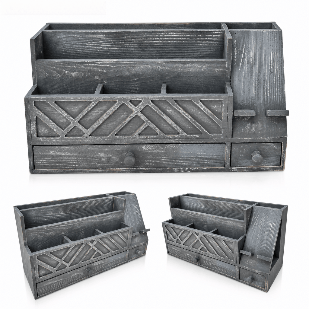 Wooden Desktop Mail Organizer with Drawers and Phone Holder