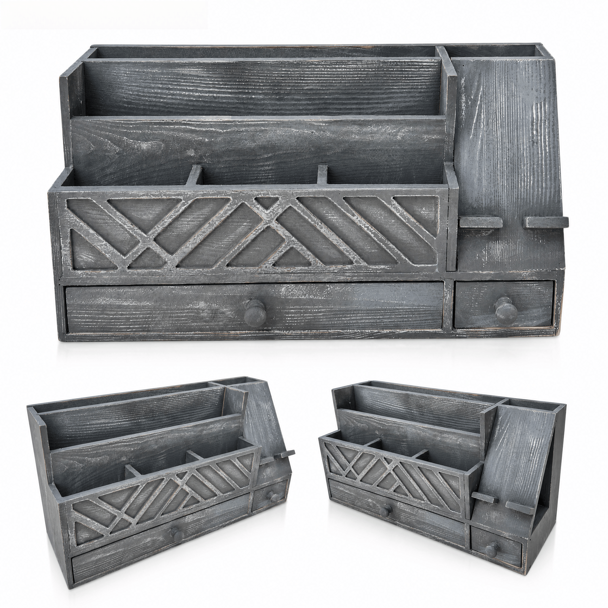Wooden Desktop Mail Organizer with Drawers and Phone Holder