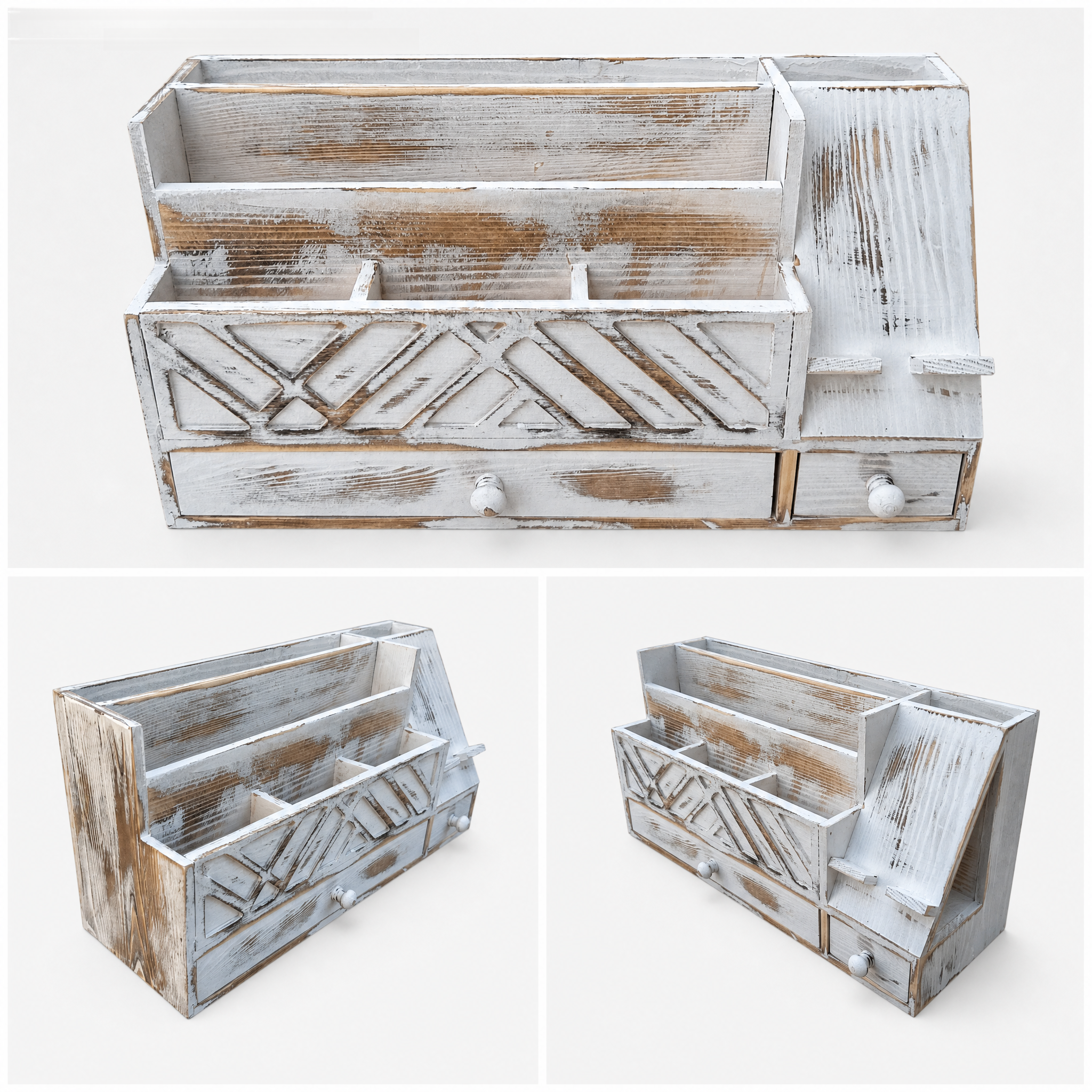 Wooden Desktop Mail Organizer with Drawers and Phone Holder